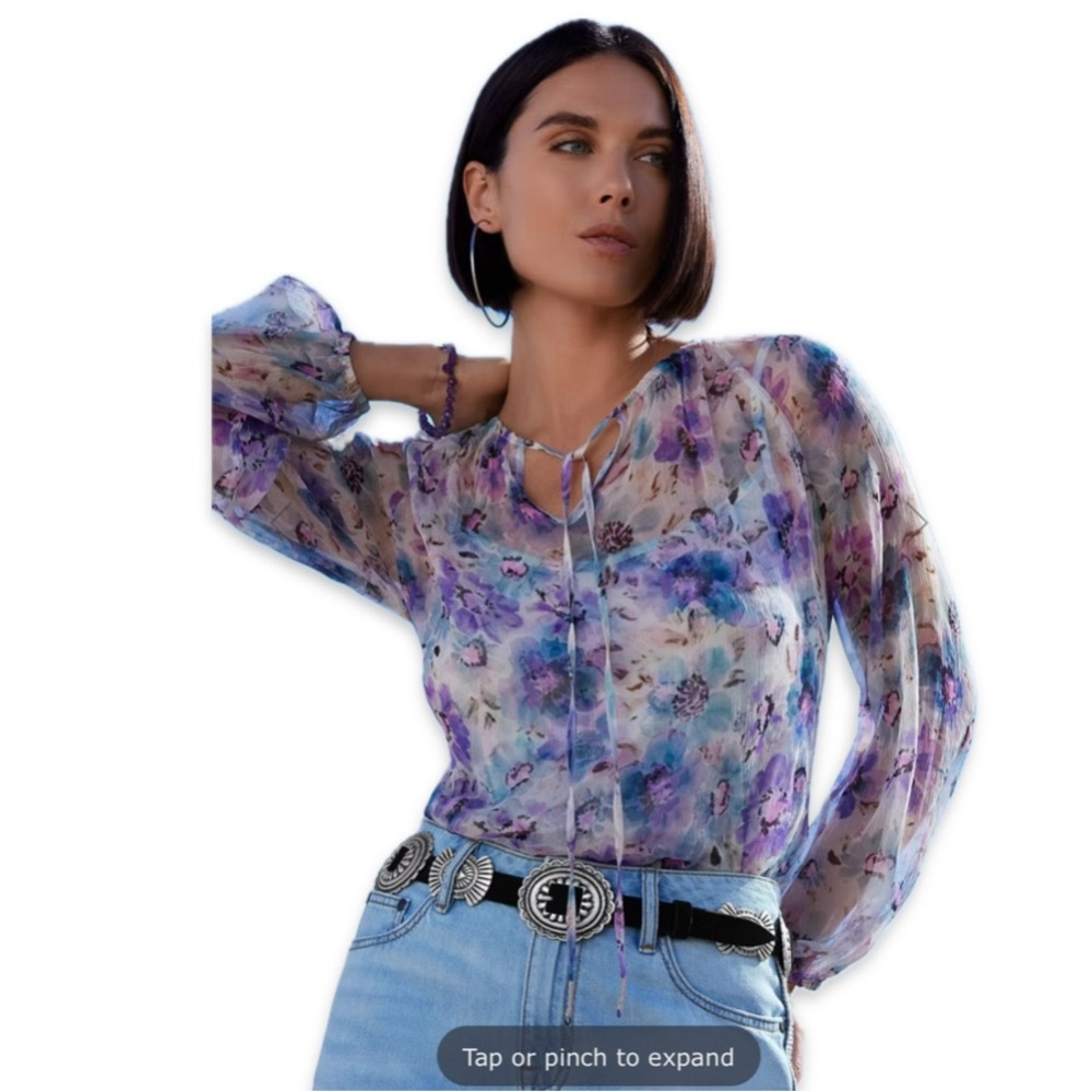 Johnny Was‎ Glinda silk peasant blouse XL floral white purple light sheer NWT - Picture 12 of 12